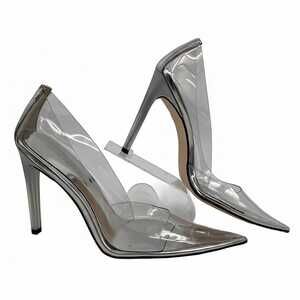 Good American Clear/Silver Pointed Toe Heels | Faux Leather, Size 12